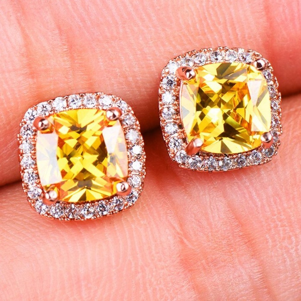 *NEW 18K Rose Gold Citrine Diamond Halo Earrings - Picture 1 of 6